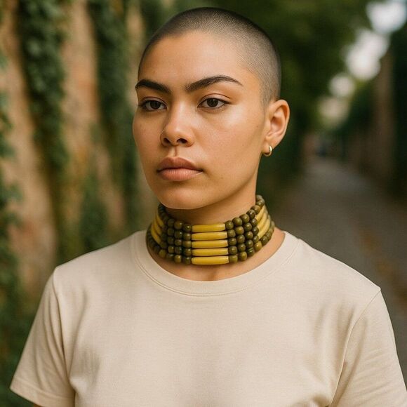 Vintage Tribal Long Bead Brass Choker Necklace 22" Handmade Statement Jewelry - Picture 1 of 9